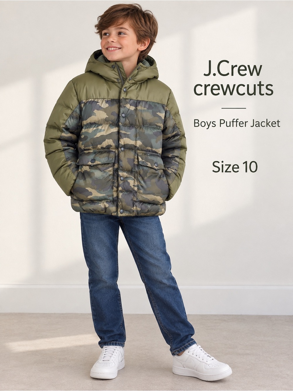 J.Crew Crewcuts Boys Camo Down Puffer Jacket Size 10 Hooded